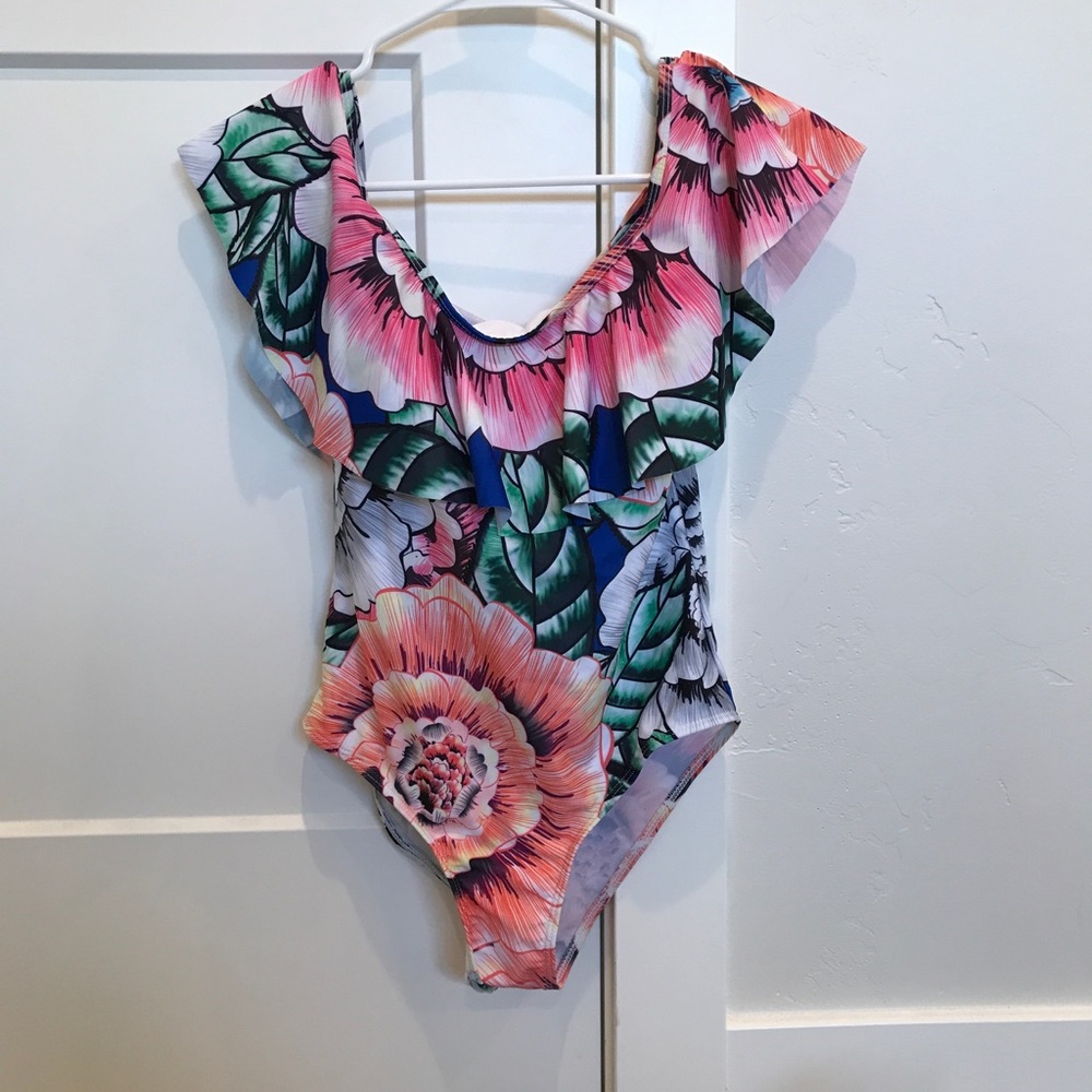 off the shoulder floral swim suit